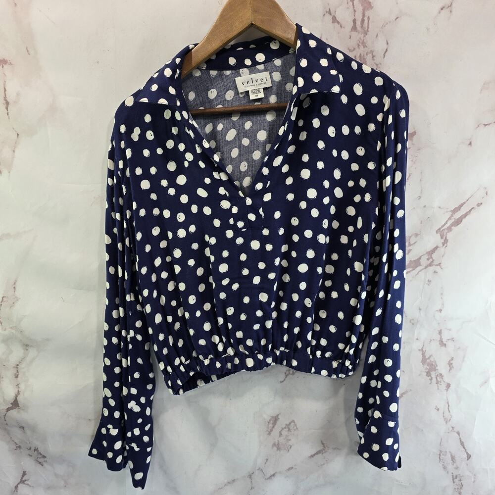 Anthropologie Shirt Womens XS Navy White Dot Crop Velvet Graham Long Spencer
